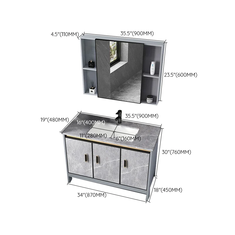 Mueble para lavabo contemporáneo, mueble con espejo independiente, juego de tocador para baño en gris Clearhalo