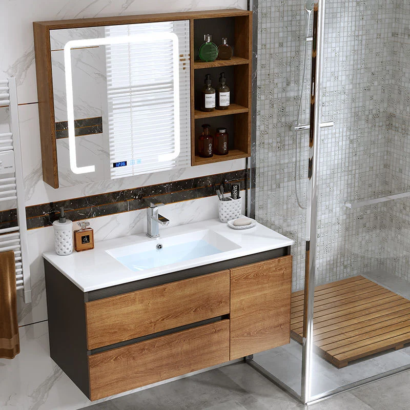 Mueble de tocador de madera con lavabo tradicional, mueble con espejo Clearhalo
