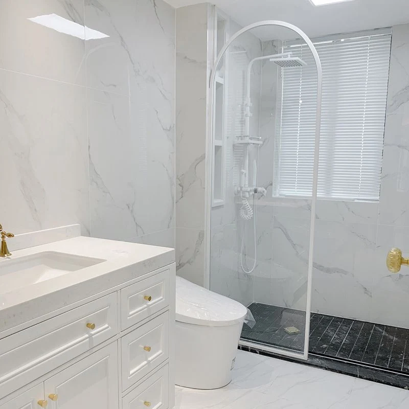 Panel fijo único de marco completo blanco, mampara de baño impermeable arqueada de media partición Clearhalo