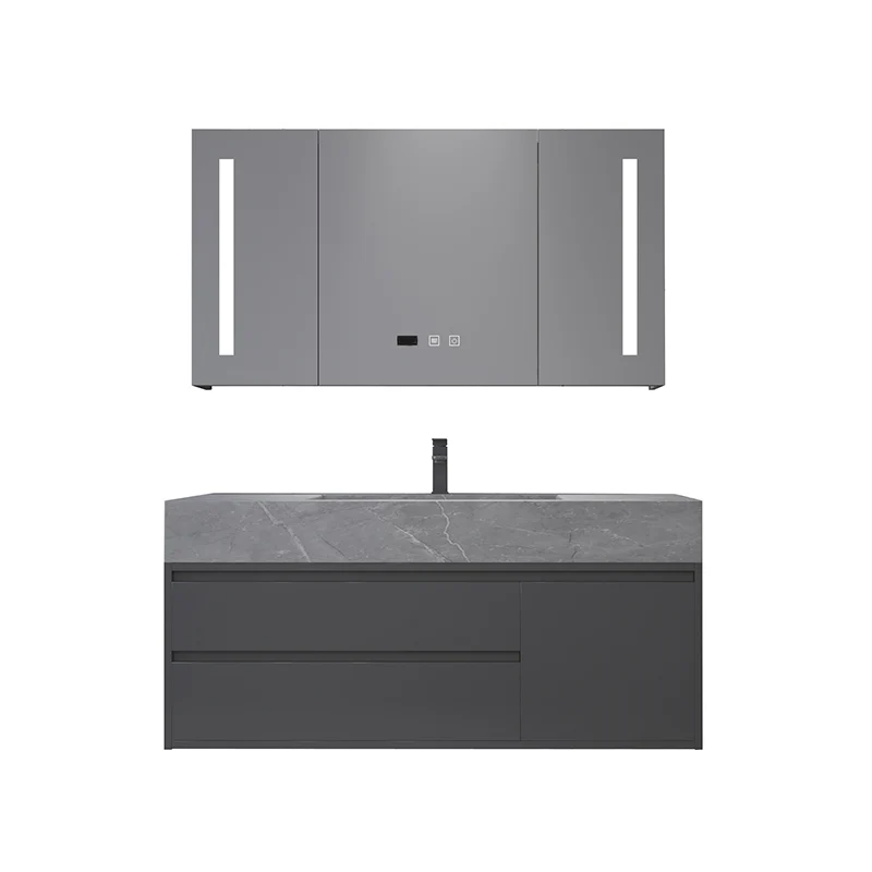 Precioso juego de tocador de baño, espejo, consola abierta en tono gris con juego de lavabo Clearhalo