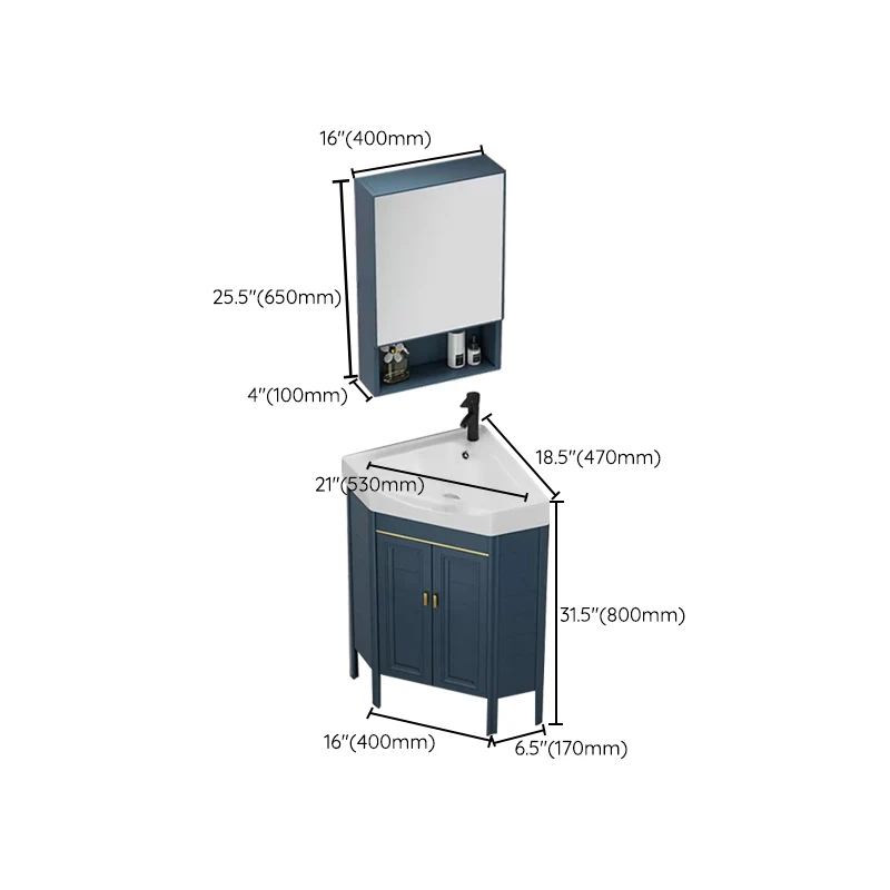 Precioso mueble para lavabo, tocador de baño esquinero independiente en tono azul Clearhalo