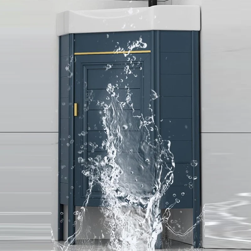 Precioso mueble para lavabo, tocador de baño esquinero independiente en tono azul Clearhalo