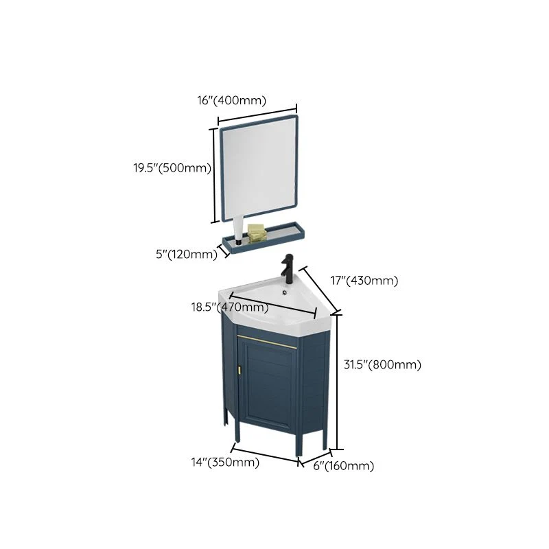 Precioso mueble para lavabo, tocador de baño esquinero independiente en tono azul Clearhalo