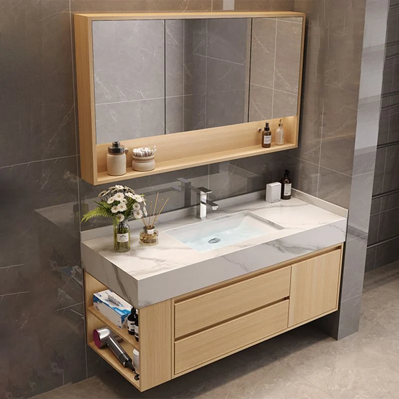 Precioso tocador con lavabo, mueble de madera con espejo montado en la pared, mueble de tocador con estantes de almacenami...