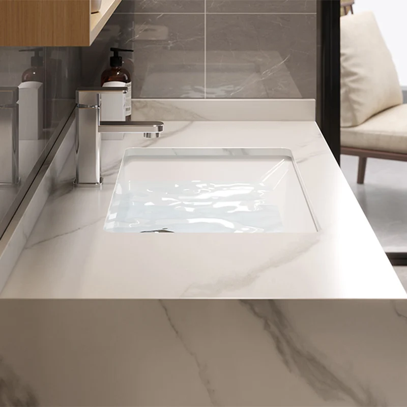 Precioso tocador con lavabo, mueble de madera con espejo montado en la pared, mueble de tocador con estantes de almacenami...