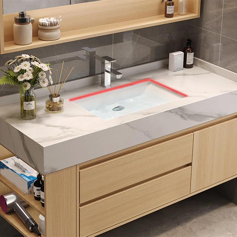 Precioso tocador con lavabo, mueble de madera con espejo montado en la pared, mueble de tocador con estantes de almacenami...