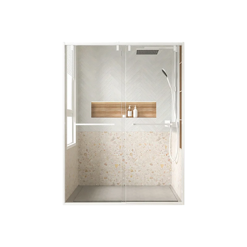 Puerta de baño de ducha doble transparente Puerta de ducha con marco blanco de metal Clearhalo