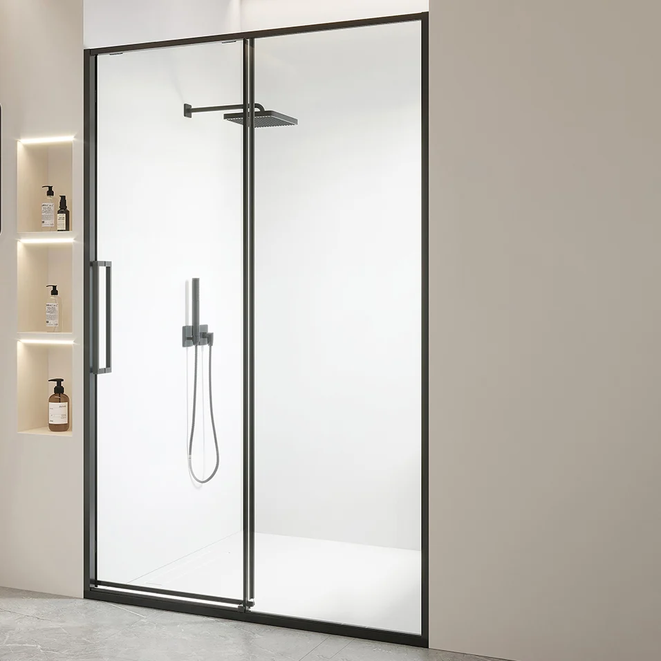 Puerta de baño de ducha negra y plateada, puerta de baño de ducha corrediza doble enmarcada Plata Clearhalo