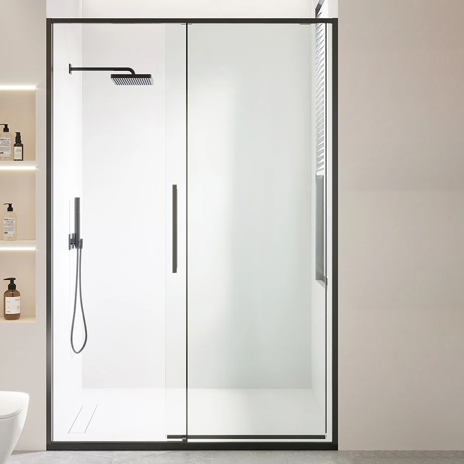 Puerta de baño de ducha negra y plateada, puerta de baño de ducha corrediza doble enmarcada Plata Clearhalo