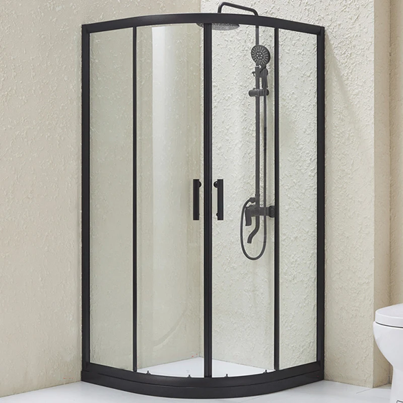 Puerta de baño de ducha templada, puertas de ducha corredizas dobles en negro Clearhalo