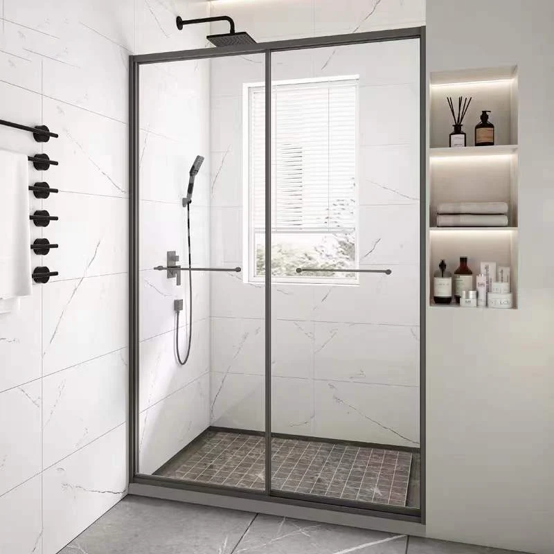 Puerta de baño de ducha de vidrio doble transparente Puerta de ducha con marco de metal Clearhalo