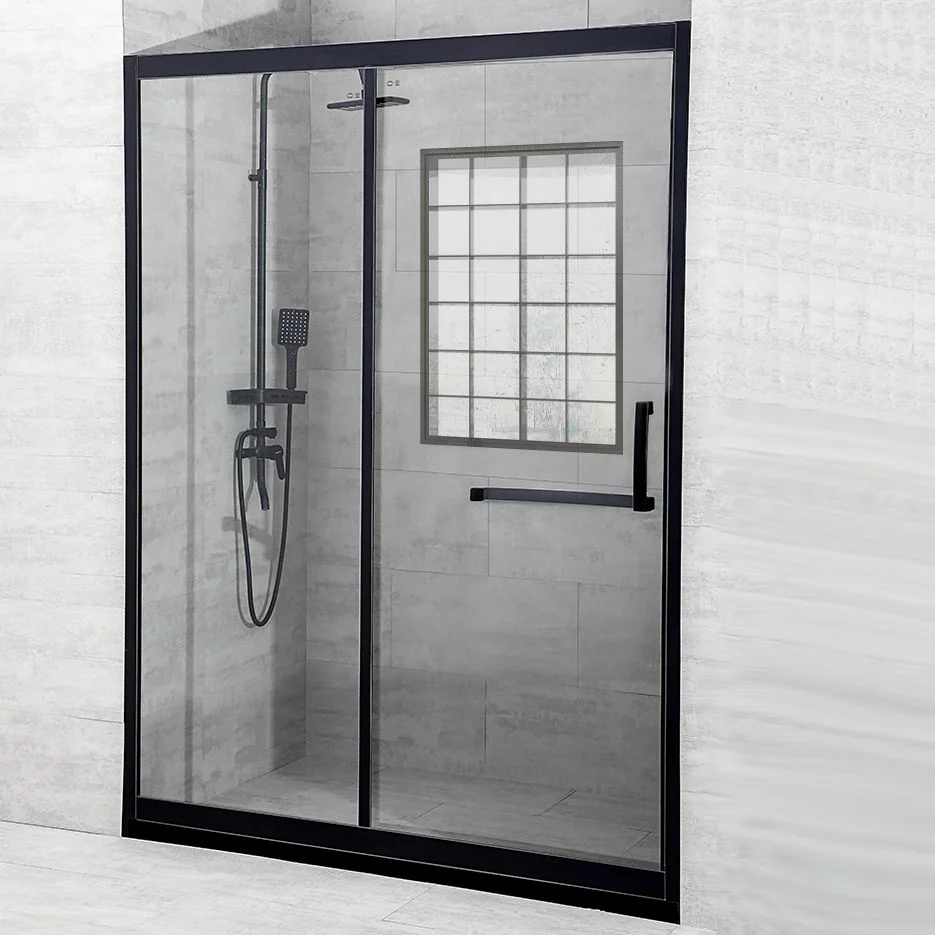 Puerta de ducha corrediza simple negra Puertas de ducha templadas enmarcadas Plata Clearhalo