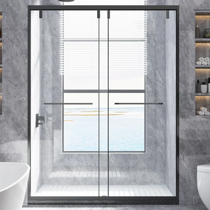 Puerta de ducha deslizante doble transparente con marco metálico, puertas de baño y ducha Clearhalo