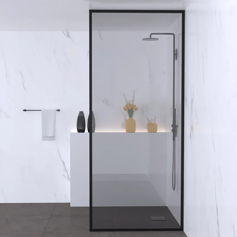 Puerta de ducha de vidrio fija Mampara de ducha con marco de acero inoxidable negro Clearhalo