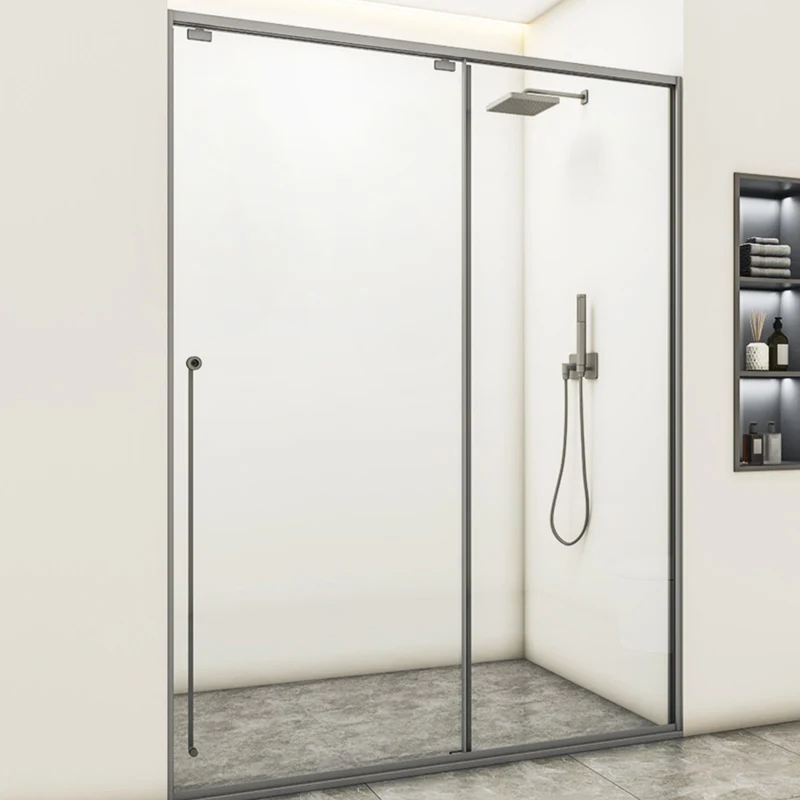 Puerta de ducha de vidrio templado de un solo movimiento semi sin marco gris de acero inoxidable Clearhalo