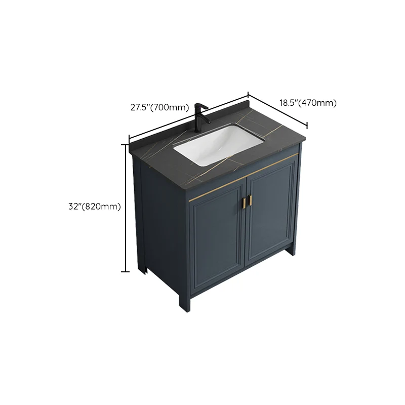 Tocador de baño azul con marco de metal, lavabo individual, espejo rectangular, tocador de baño con 2 puertas Clearhalo