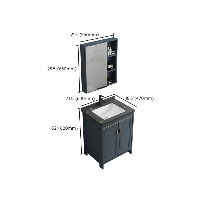 Tocador de baño azul con marco de metal, lavabo individual, espejo rectangular, tocador de baño con 2 puertas Clearhalo