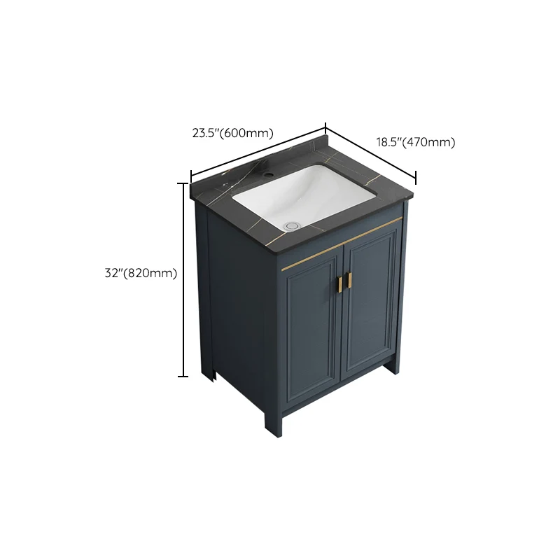 Tocador de baño azul con marco de metal, lavabo individual, espejo rectangular, tocador de baño con 2 puertas Clearhalo