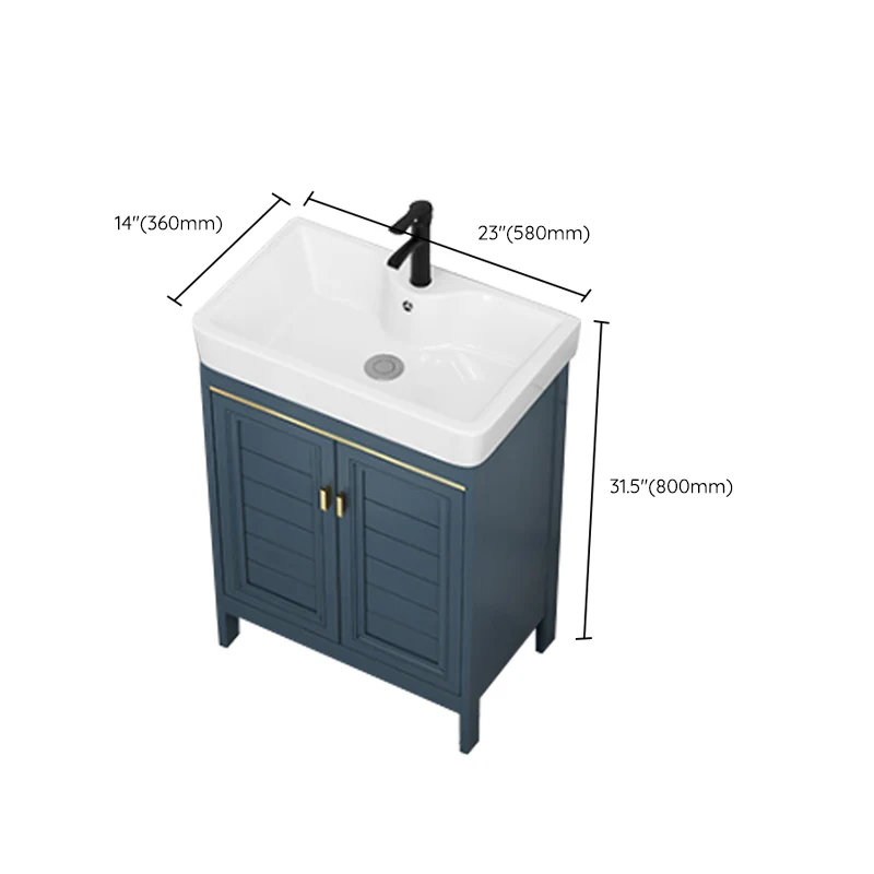 Tocador de baño azul, espejo independiente de 2 puertas, lavabo individual, tocador rectangular con marco de metal Clearhalo