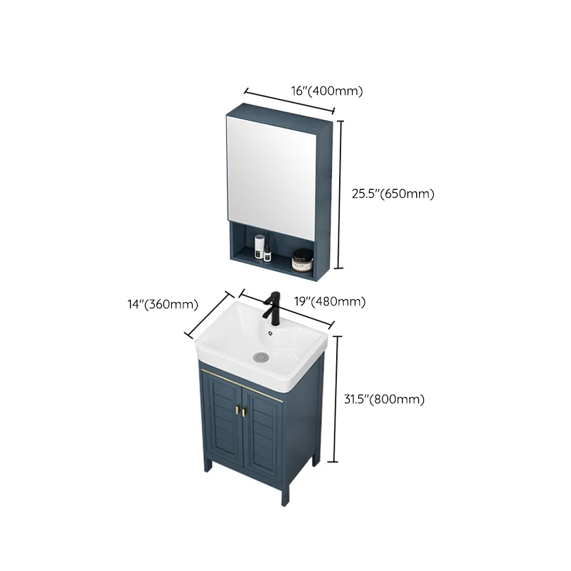 Tocador de baño azul, espejo independiente de 2 puertas, lavabo individual, tocador rectangular con marco de metal Clearhalo