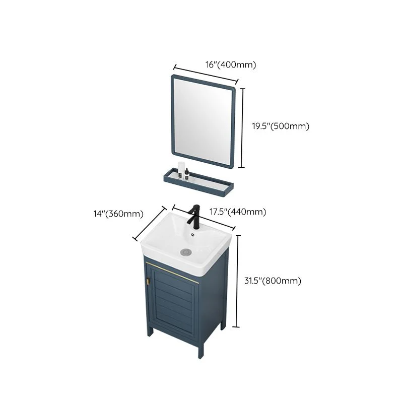Tocador de baño azul, espejo independiente de 2 puertas, lavabo individual, tocador rectangular con marco de metal Clearhalo