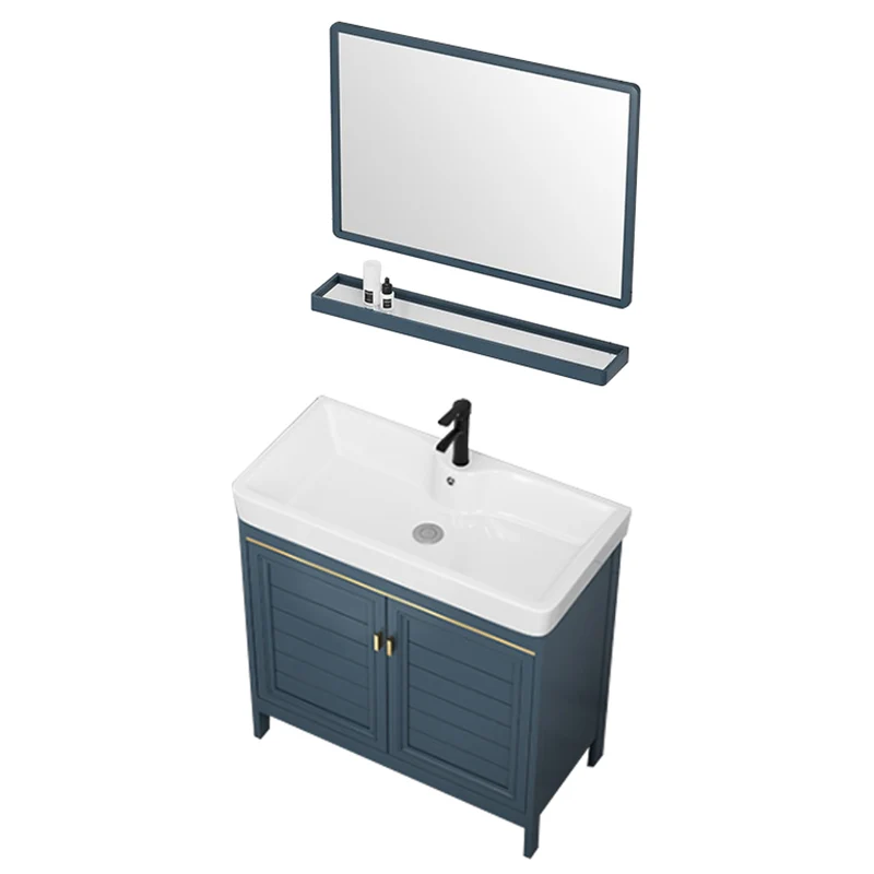 Tocador de baño azul, espejo independiente de 2 puertas, lavabo individual, tocador rectangular con marco de metal Clearhalo