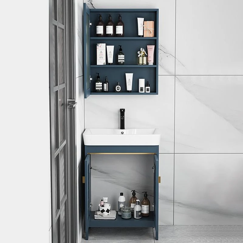 Tocador de baño azul, espejo independiente de 2 puertas, lavabo individual, tocador rectangular con marco de metal Clearhalo