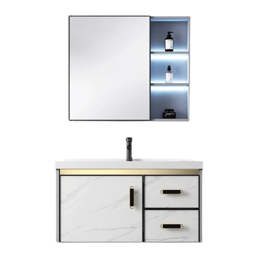 Tocador de baño blanco con lavabo individual, cajones para grifo montados en la pared, tocador con marco de metal y espejo...