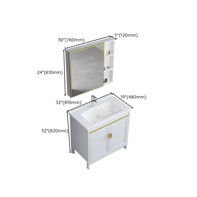 Tocador de baño blanco con marco de metal, lavabo individual, tocador independiente rectangular con espejo Clearhalo
