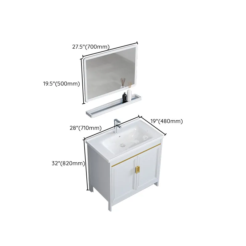 Tocador de baño blanco con marco de metal, lavabo individual, tocador independiente rectangular con espejo Clearhalo