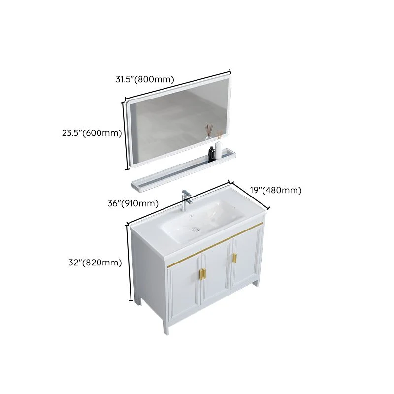 Tocador de baño blanco con marco de metal, lavabo individual, tocador independiente rectangular con espejo Clearhalo