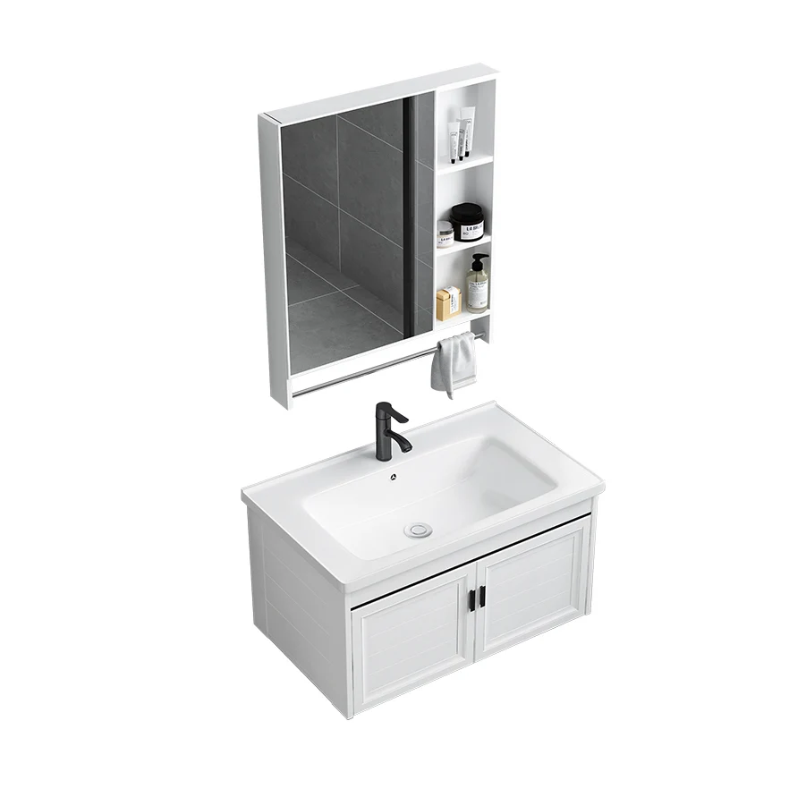 Tocador de baño blanco con marco de metal, tocador rectangular montado en la pared con espejo de lavabo individual, 2 puer...