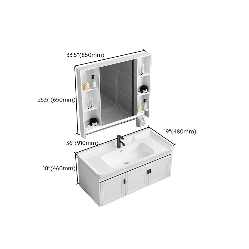 Tocador de baño blanco con marco de metal, tocador rectangular montado en la pared con espejo de lavabo individual, 2 puer...