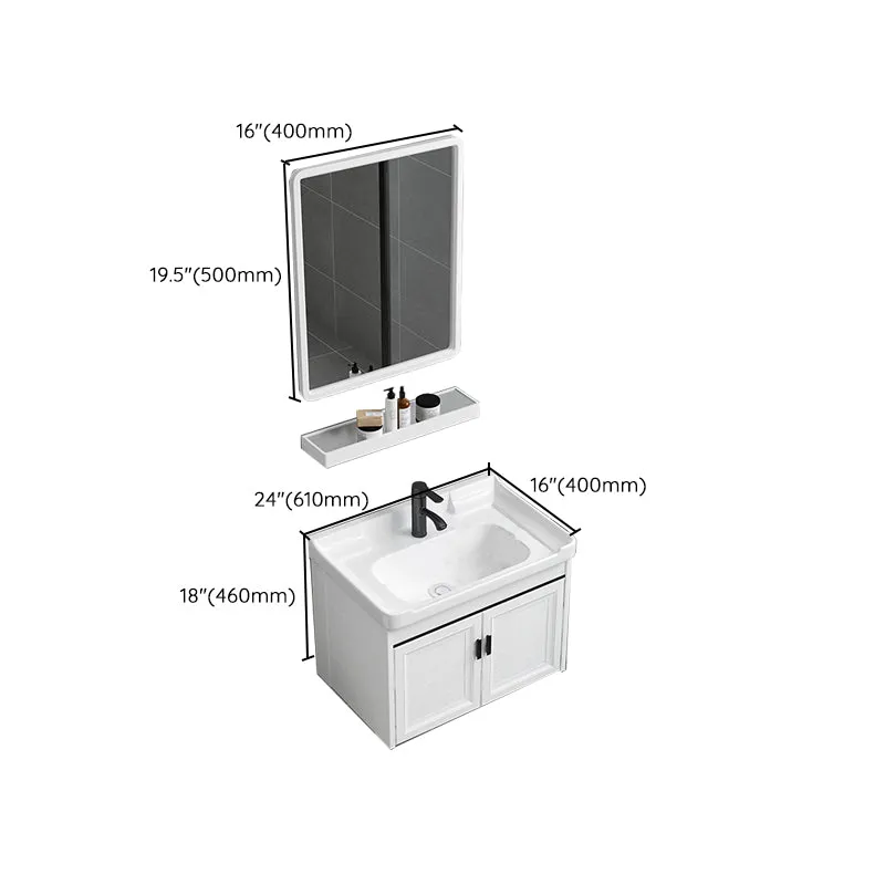 Tocador de baño blanco con marco de metal, tocador rectangular montado en la pared con espejo de lavabo individual, 2 puer...