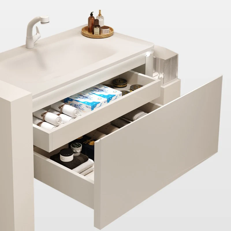 Tocador de baño blanco, espejo con marco de madera resistente las manchas, soporte de pared con grifo Clearhalo