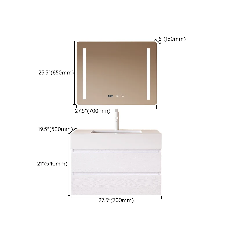 Tocador de baño blanco para montaje en pared, lavabo individual, rectangular, 2 cajones, marco de madera Clearhalo