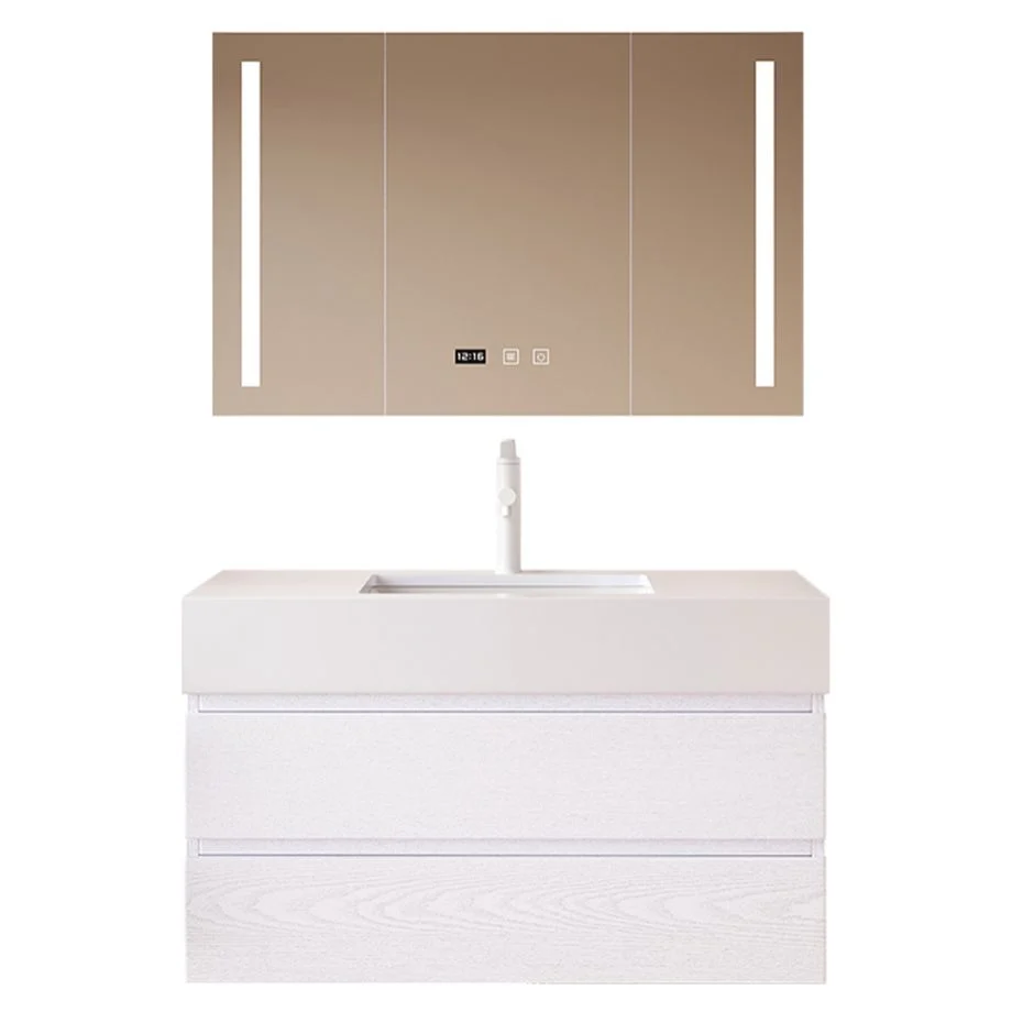 Tocador de baño blanco para montaje en pared, lavabo individual, rectangular, 2 cajones, marco de madera Clearhalo