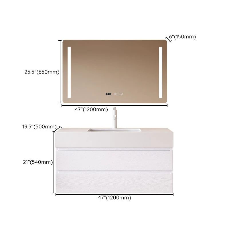Tocador de baño blanco para montaje en pared, lavabo individual, rectangular, 2 cajones, marco de madera Clearhalo