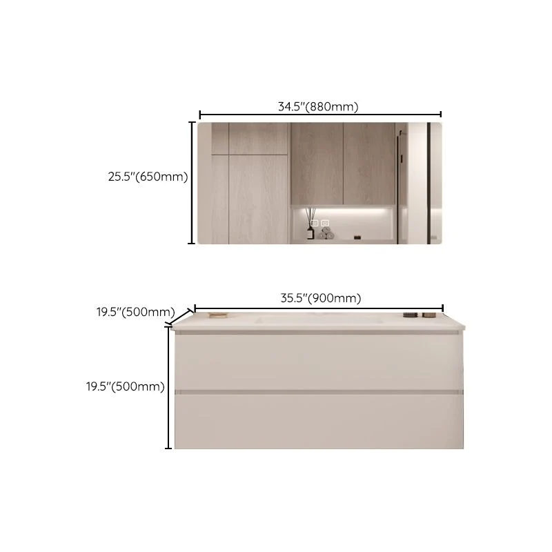 Tocador de baño blanco rectangular de madera, lavabo individual, montaje en pared, juego de tocador con 2 cajones Clearhalo