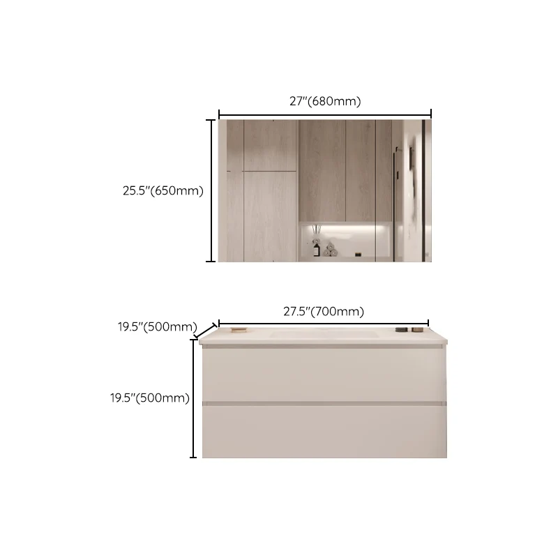 Tocador de baño blanco rectangular de madera, lavabo individual, montaje en pared, juego de tocador con 2 cajones Clearhalo