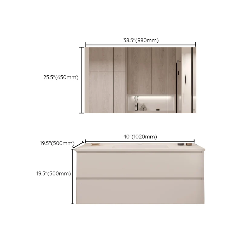 Tocador de baño blanco rectangular de madera, lavabo individual, montaje en pared, juego de tocador con 2 cajones Clearhalo