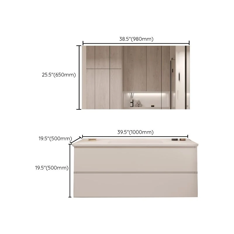 Tocador de baño blanco rectangular de madera, lavabo individual, montaje en pared, juego de tocador con 2 cajones Clearhalo