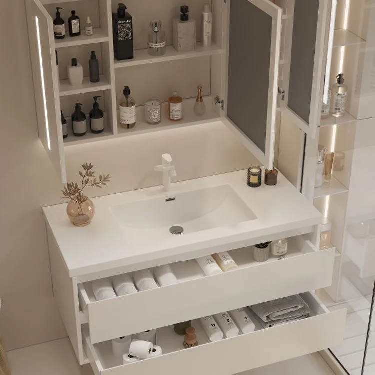 Tocador de baño blanco rectangular de madera, lavabo individual, montaje en pared, juego de tocador con 2 cajones Clearhalo