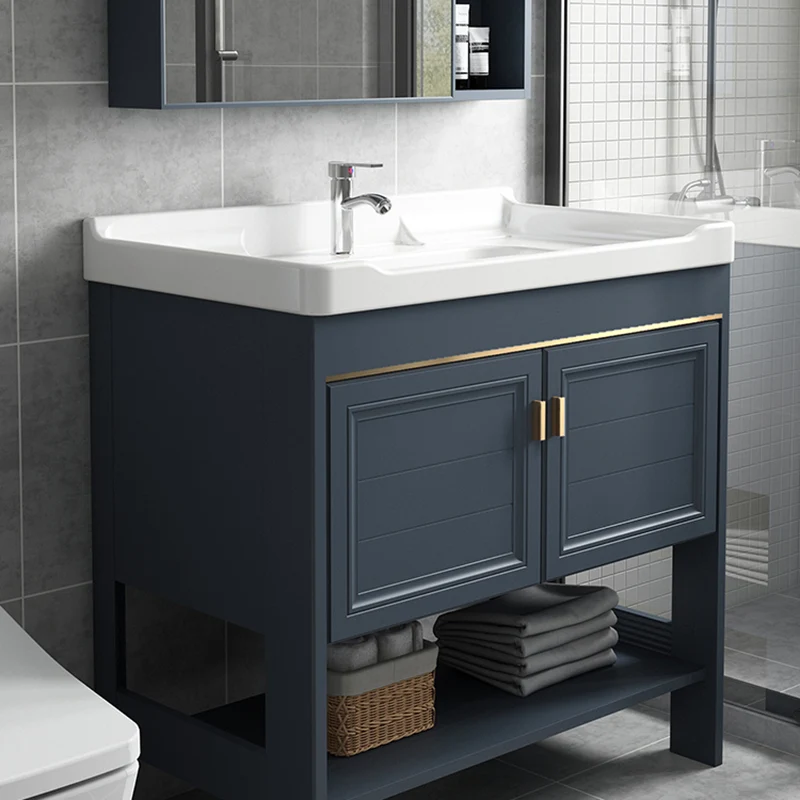 Tocador de baño con base metálica independiente, tocador moderno con lavabo azul único Clearhalo
