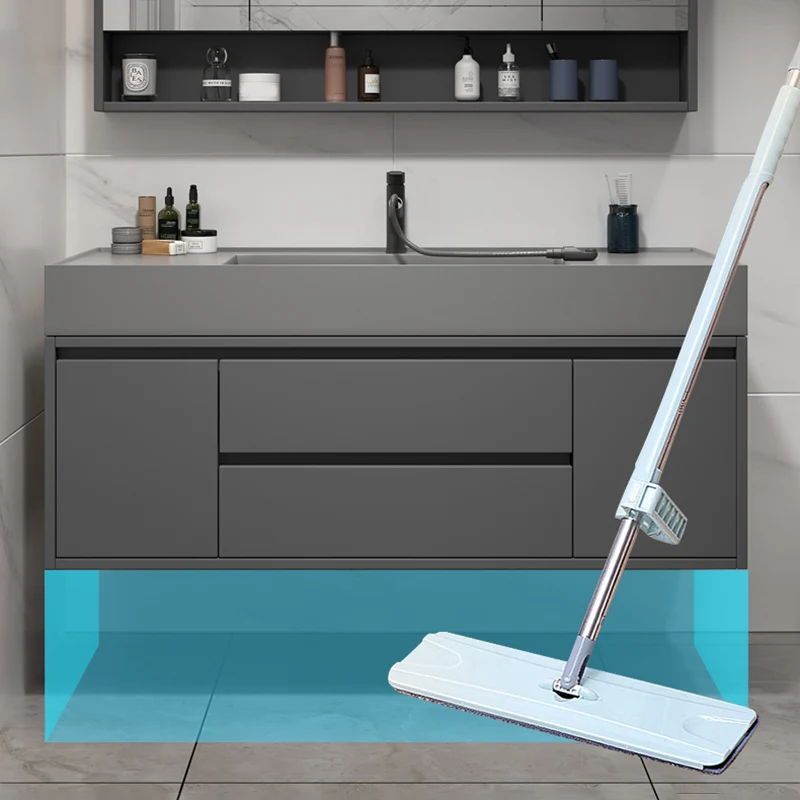 Tocador de baño con 2 cajones, lavabo individual, marco de madera, espejo, puerta de cierre suave en gris Clearhalo