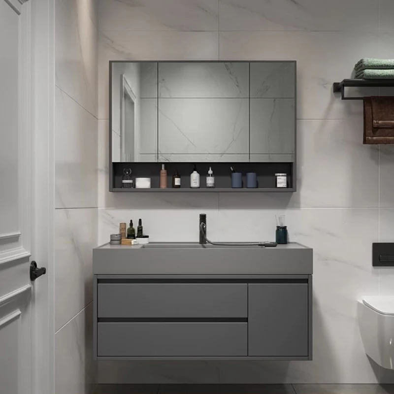 Tocador de baño con 2 cajones, lavabo individual, marco de madera, espejo, puerta de cierre suave en gris Clearhalo