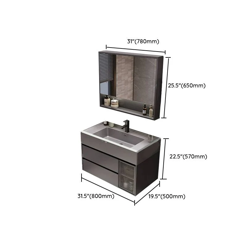 Tocador de baño con desbordamiento, espejo de piedra, lavabo individual impermeable para montaje en pared con 2 cajones Cl...