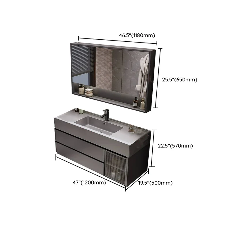 Tocador de baño con desbordamiento, espejo de piedra, lavabo individual impermeable para montaje en pared con 2 cajones Cl...