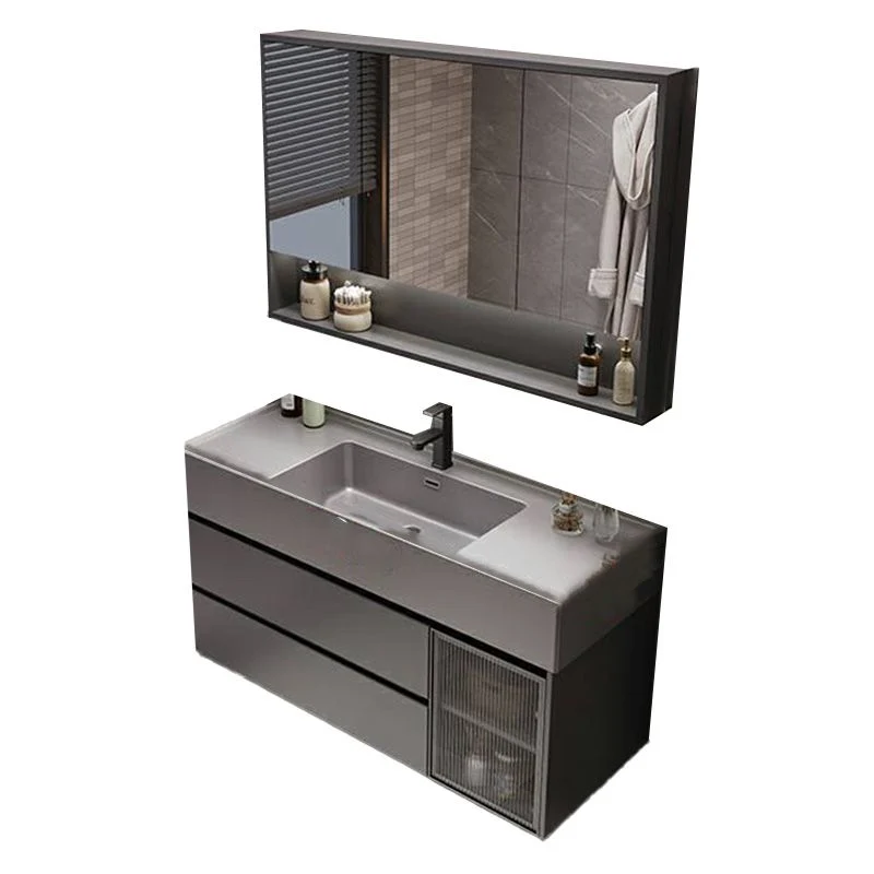 Tocador de baño con desbordamiento, espejo de piedra, lavabo individual impermeable para montaje en pared con 2 cajones Cl...