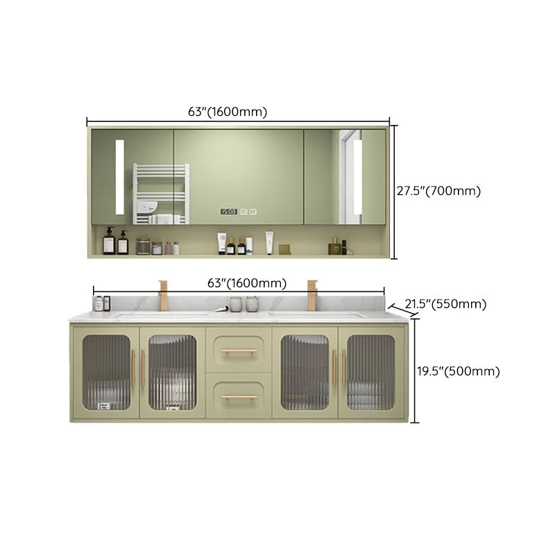 Tocador de baño con lavabo doble, 2 cajones, montaje en pared, juego de tocador rectangular con espejo Clearhalo